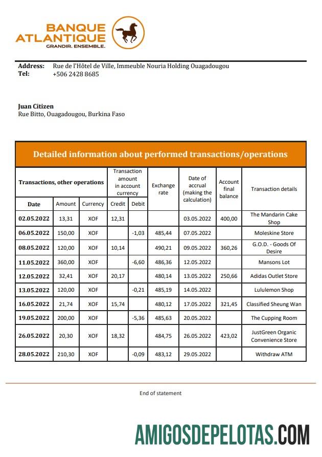 Burkina Faso Banque Atlantique extrato bancário amostra